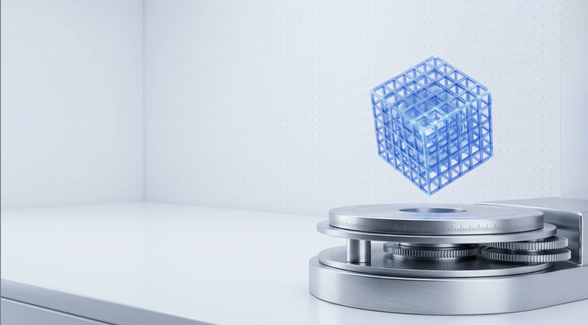 A holographic wireframe cube hovering above a precision metal turntable in a bright laboratory