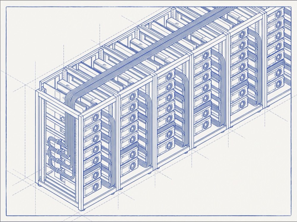 Isometric technical line drawing of GPU cluster racks