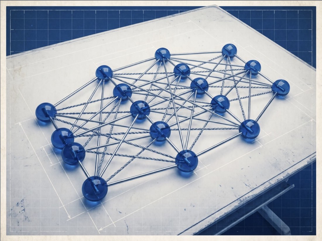 A physical sculpture of a neural network: blue glass nodes connected by steel rods on a drafting table