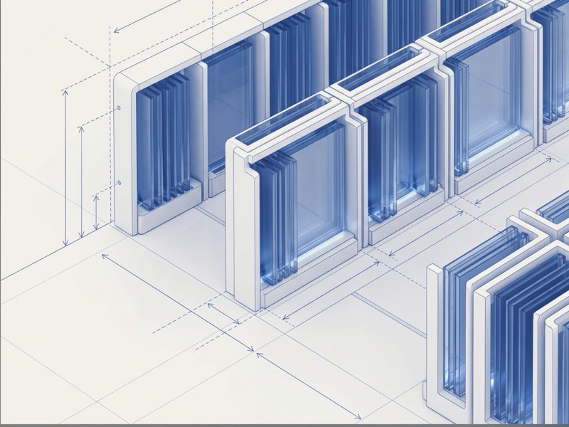 Isometric blueprint render of glass archive racks with dimension lines