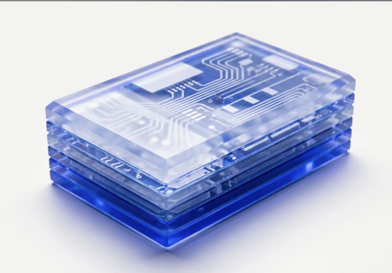 A layered slab of transparent and cobalt glass etched with circuit traces