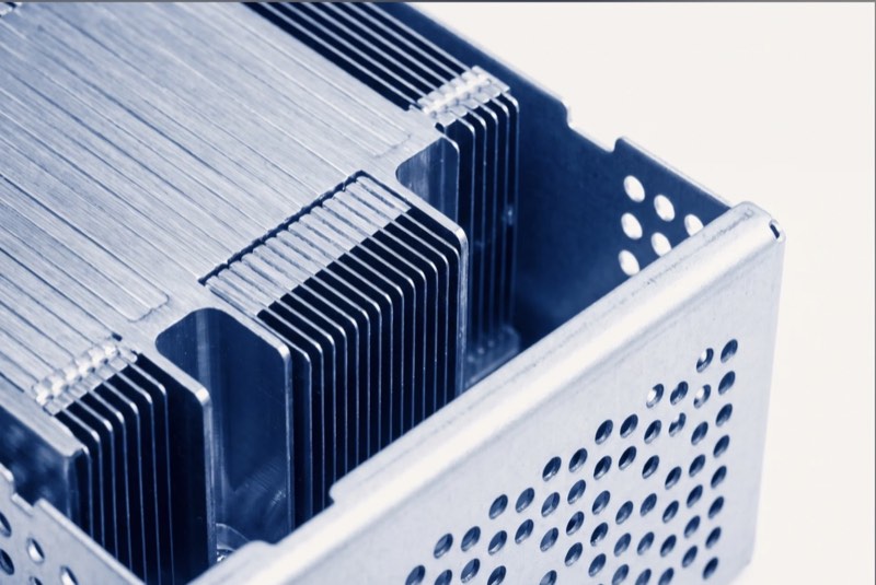 Close-up of machined aluminum heatsink fins inside a server chassis