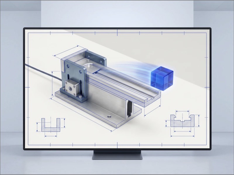 A monitor displaying a technical blueprint of a linear test rig with a blue glass cube
